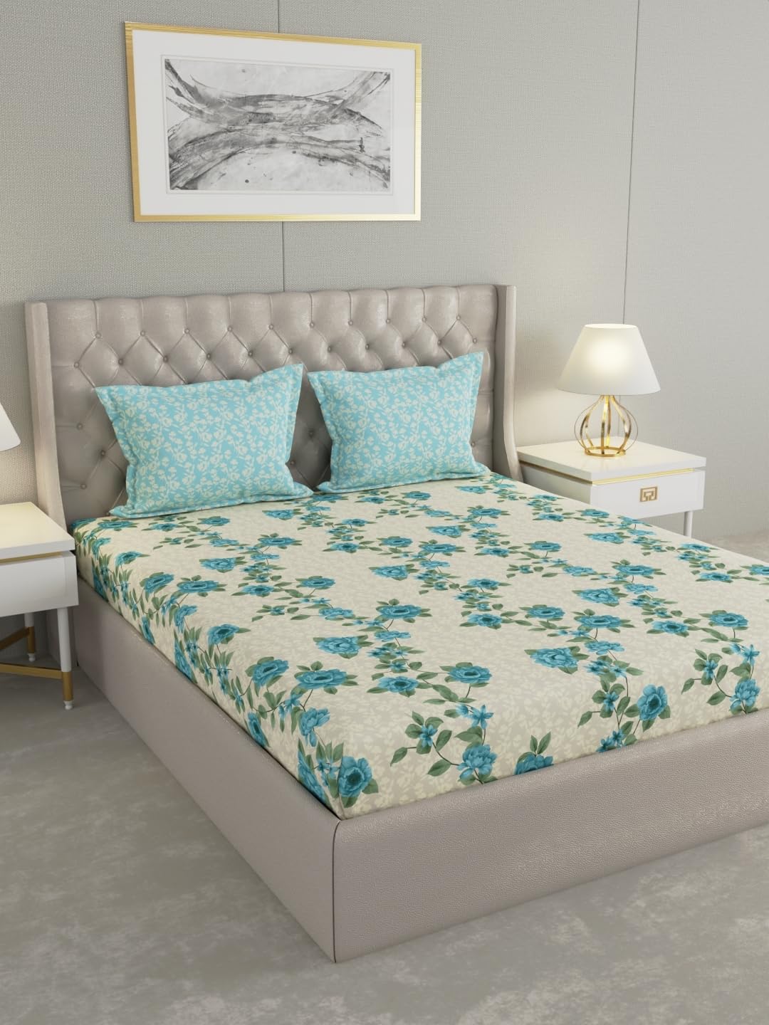 Raymond Home 110 TC Cotton Rich Mystique Double Bedsheet with 2 Pillow Covers (Blue)