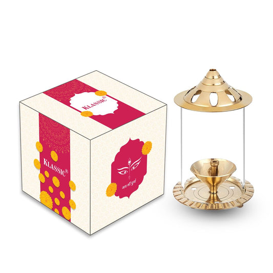 Klassic Navjyoti 4 Inch Brass Akhand Diya with Glass Shade iCraft by Eagle