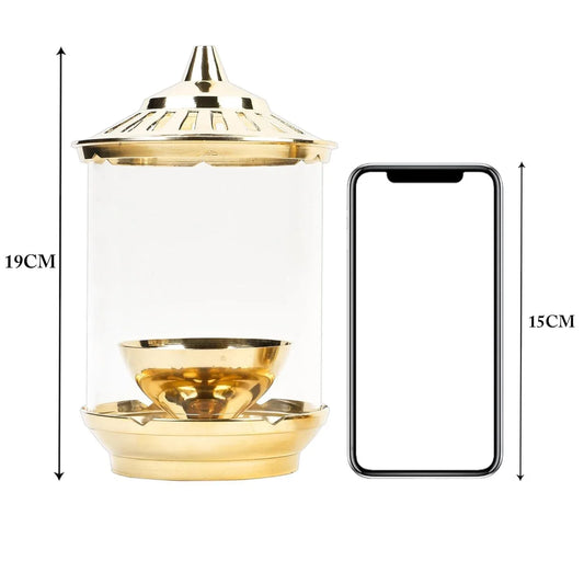 Klassic Kumbha Large Brass Akhand Diya with Glass Shade – 7 Inch - iCraft by Eagle