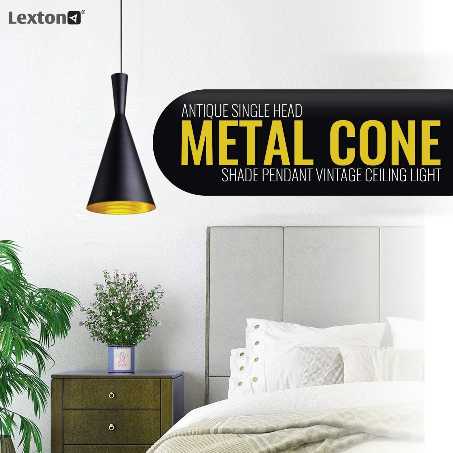Lexton Antique Black Metal Cone Pendant Light – Bedroom & Kitchen Ceiling Lamp