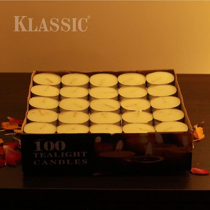 Klassic Wax Tealight Candles with 3 Hours Burning Time, White, (Set of 100), Medium