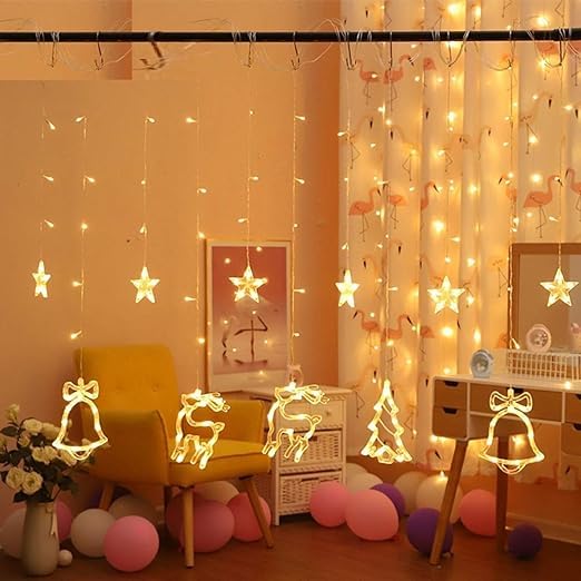 Lexton Curtain LED String Lights with Stars, Bells & Deer