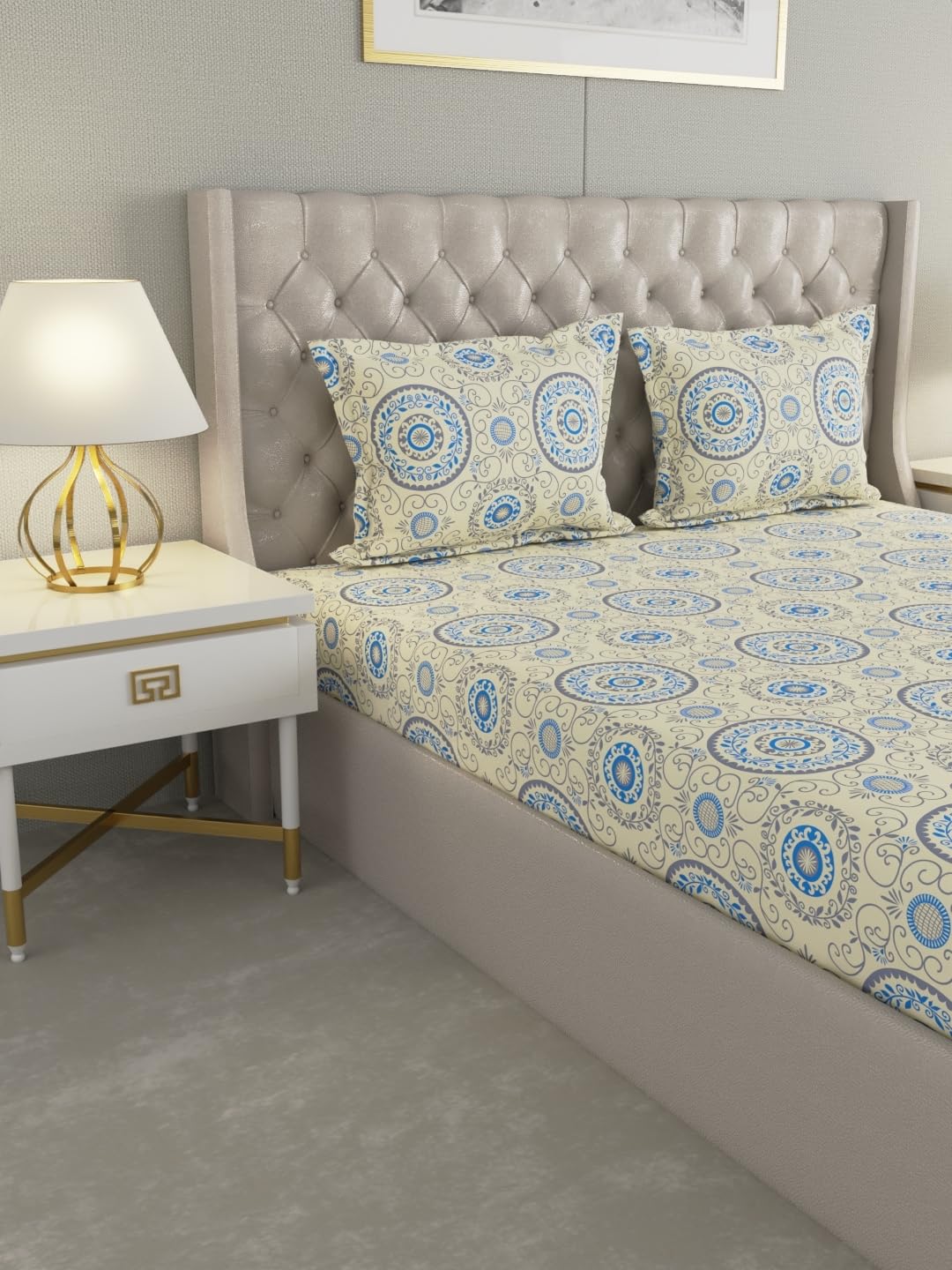 Raymond Home Cozzy Double Bedsheet with 2 Pillow Covers |100% Cotton, Queen Sized, 104 TC | 2.20 m X 2.40 m (Blue, 013235-BF03)