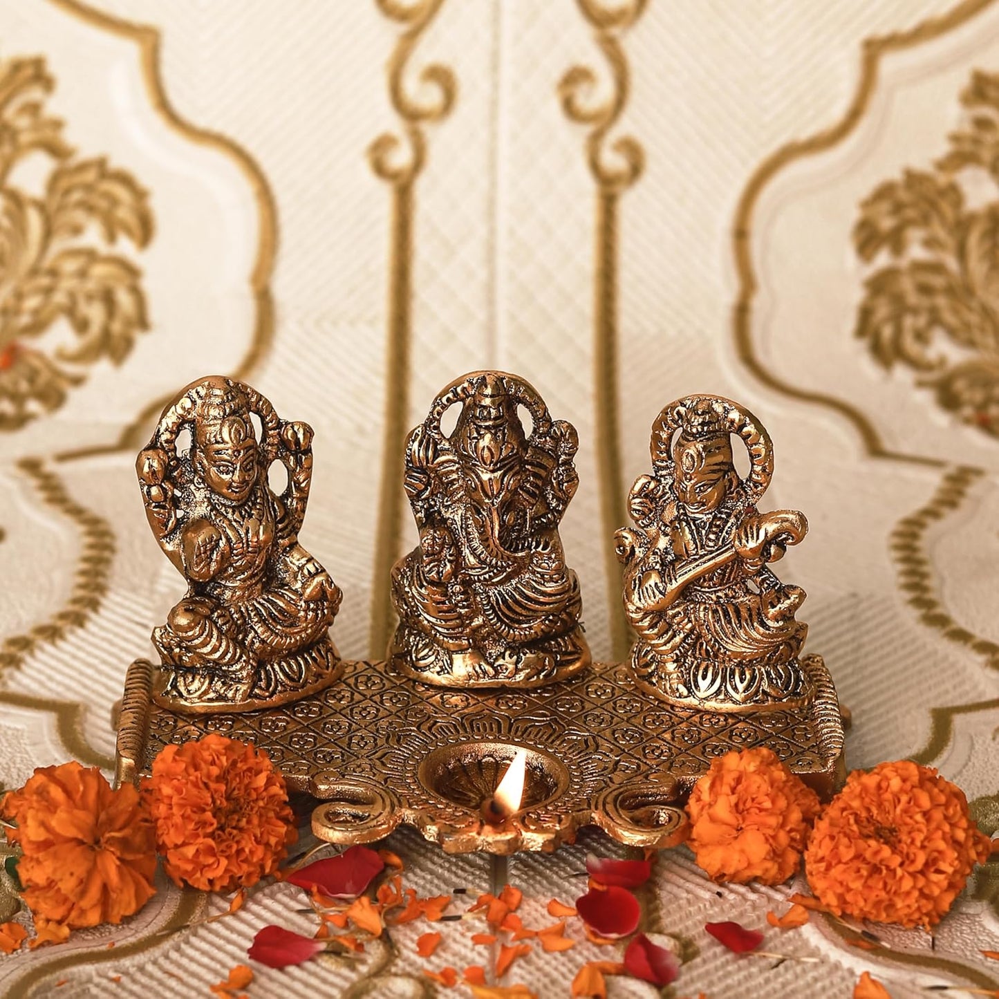 Klassic Golden Laxmi Ganesh Saraswati Idol Diya