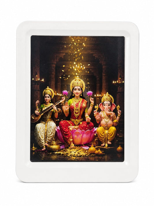 Decorative panel with three deities on a white background