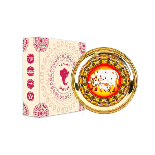 Klassic Brass Puja Thali 6 Inch | Traditional Cow Design Prayer Plate for Home Mandir