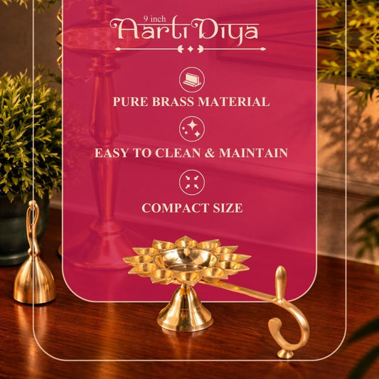 Klassic 9 Inch Brass Aarti Diya with 11 Small Batti & 1 Big Batti for Mandir, Aarti & Puja