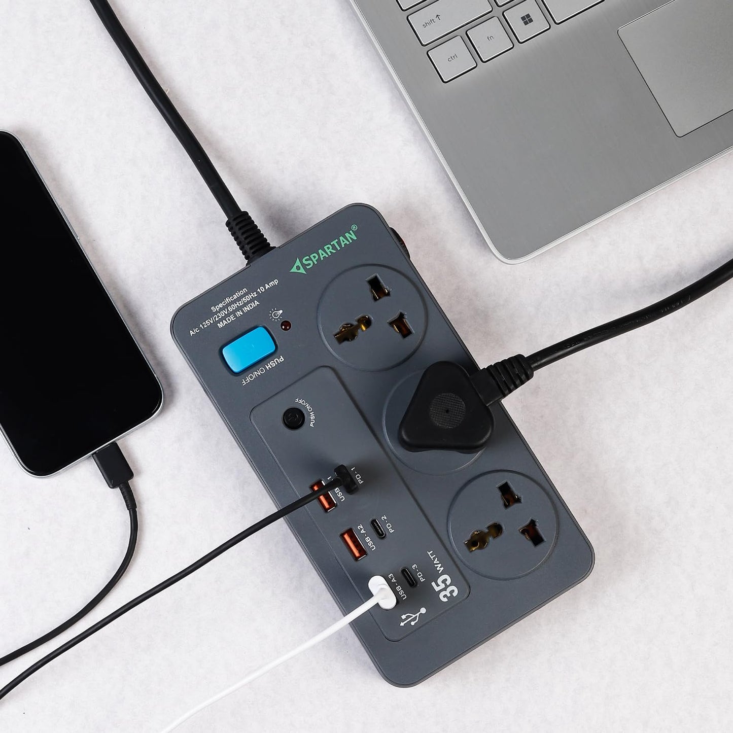 Spartan Extension Board 10A | 3 Sockets, 3 USB, 3 PD Charging