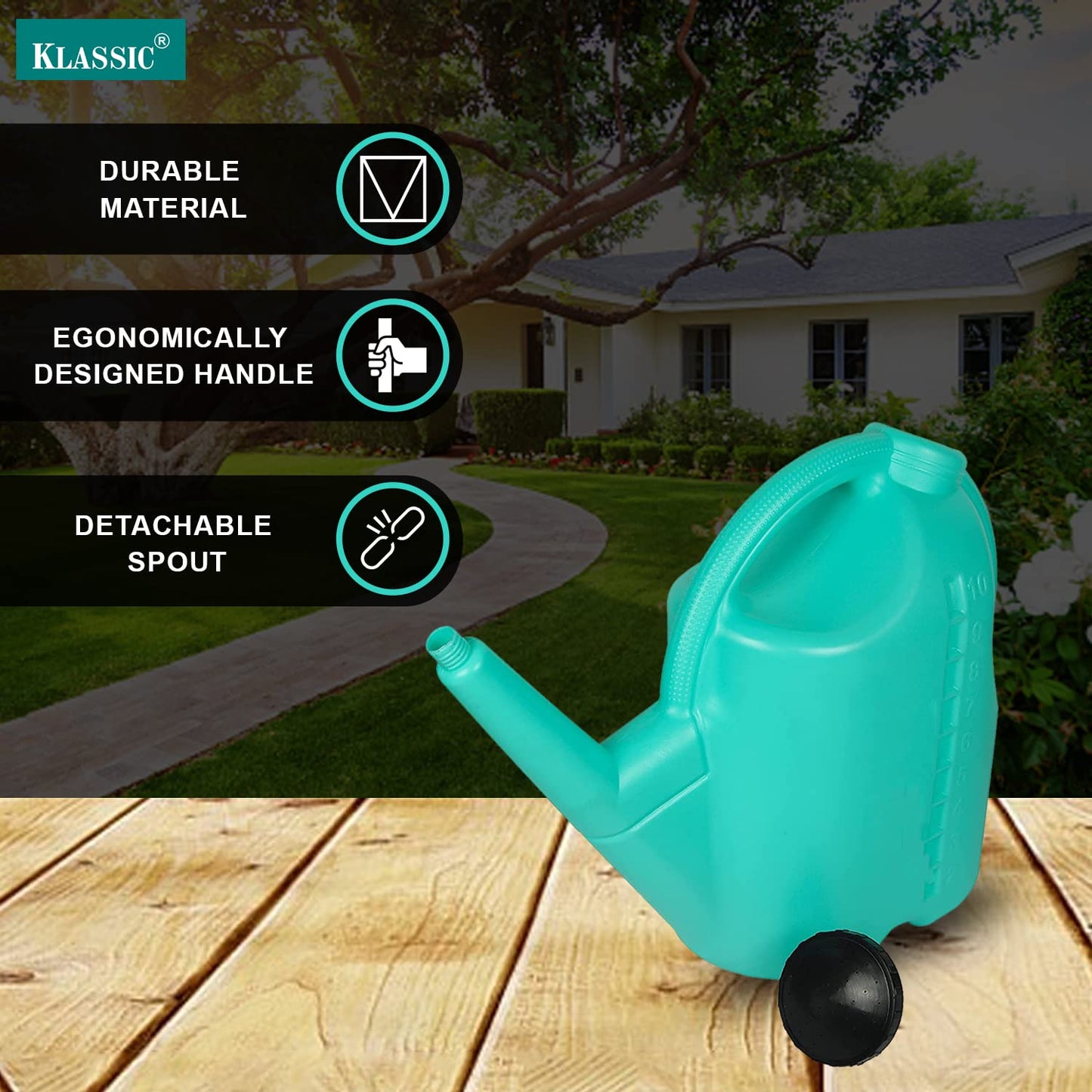 Klassic 10L Plastic Watering Can – Indoor & Outdoor Plants, Long Spout (Teal Green)