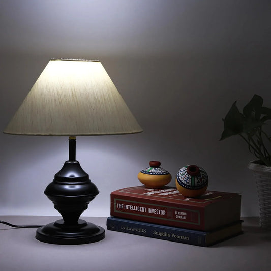 Lexton Black Metal Base Table Lamp with beige fabric shade, perfect for bedroom, living room, or study room décor. - iCraft by Eagle