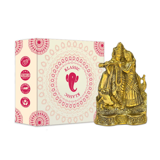 Klassic 6.5 Inch Radha Krishna Murti with Cow | Golden Finish Decorative Idol