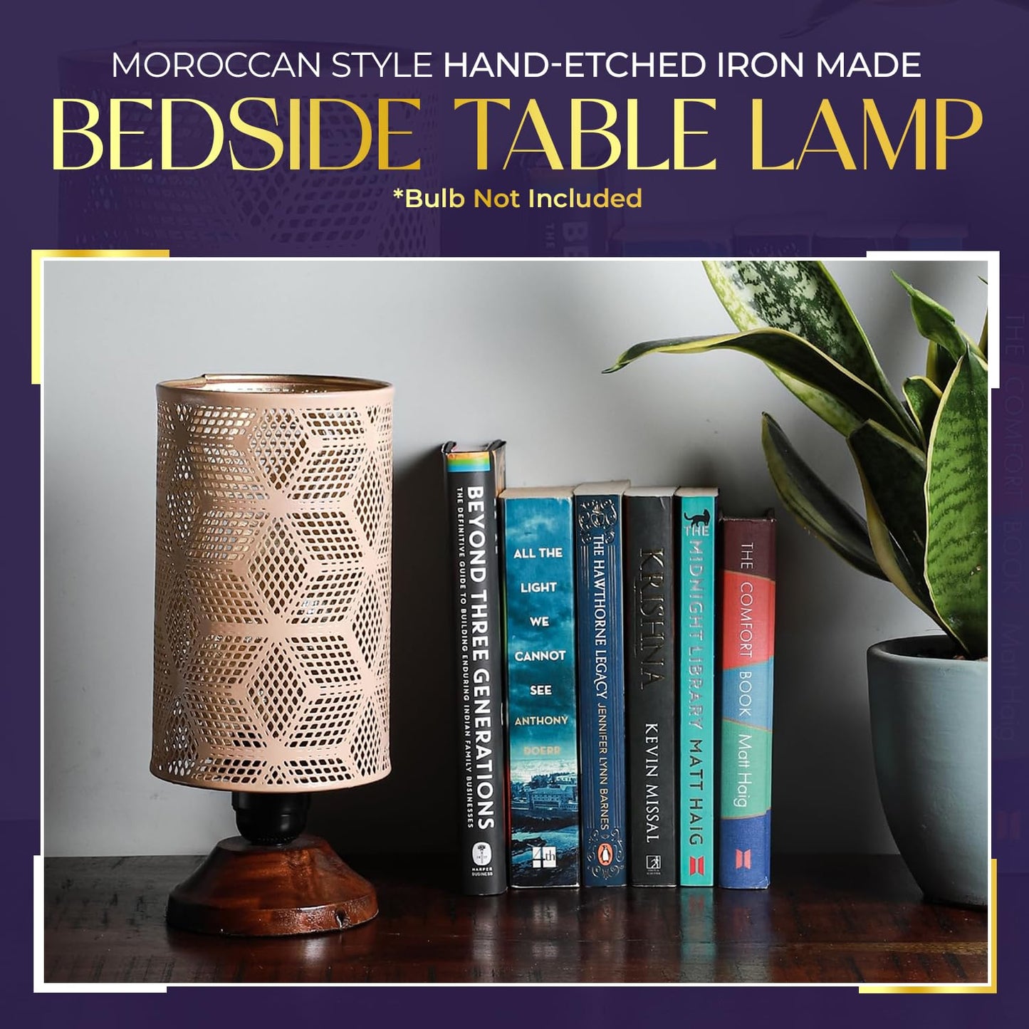 Lexton Moroccan Style Hand-Etched Iron Made Bedside Table lamp | Black Metal Round Frame, E27 Bulb Holder, Wooden Stand, Corded | Suitable for Home Decoration Office (Pack of 1, Bulb Not Included)