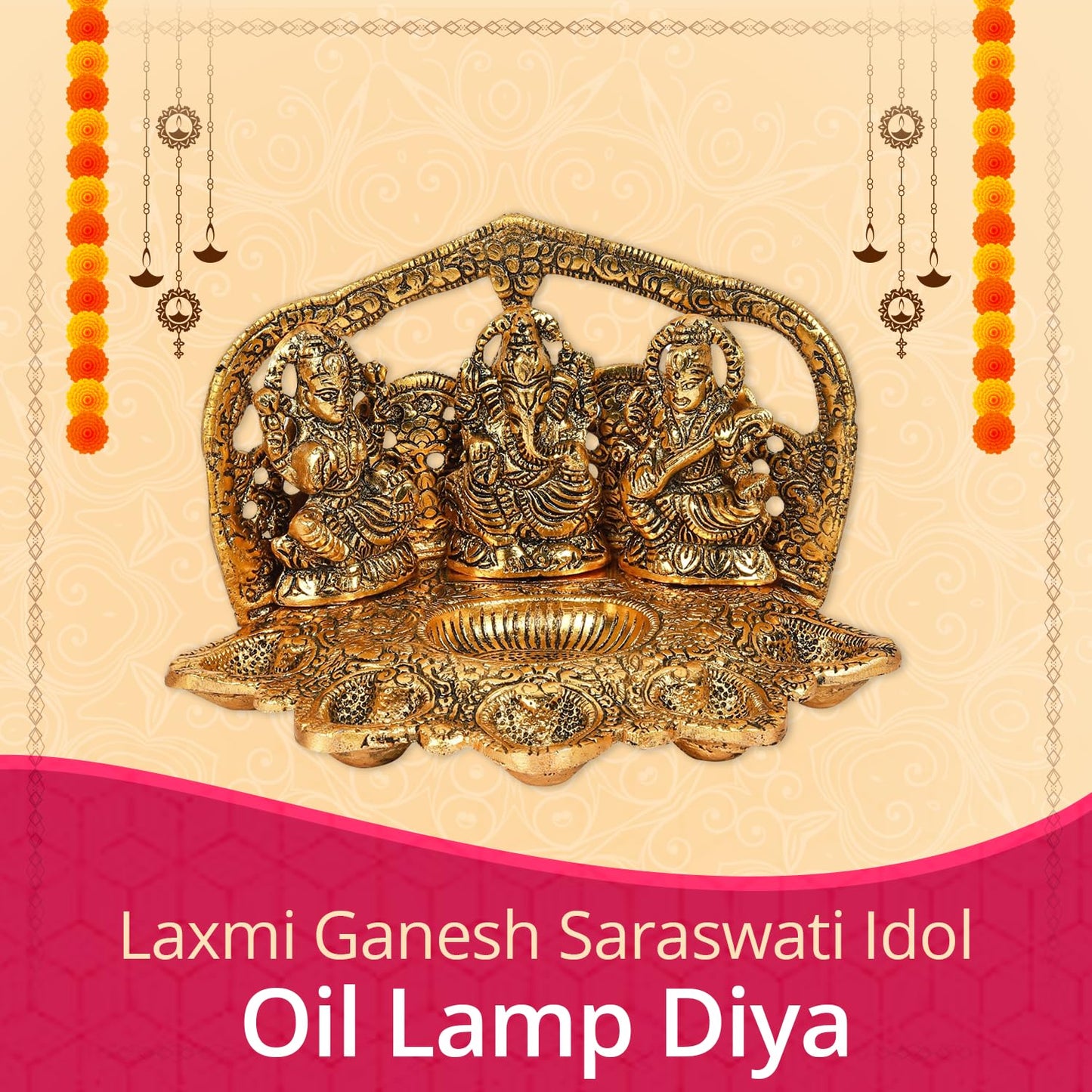 Klassic Laxmi Ganesh Saraswati 5 Face Diya ( Goden Finsh)