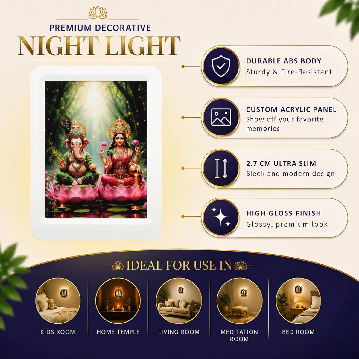 Lexton 5 Inch Laxmi Ganesh LED Night Light | Plug-in Warm White