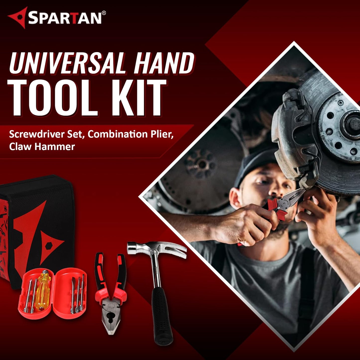 Spartan Universal Hand Tool Kit set of 3 Tools For Household, Maintenance & DIY Work, Contains 6 Pcs Screwdriver Set, Combination Plier, Claw Hammer (Set of 7 pcs)