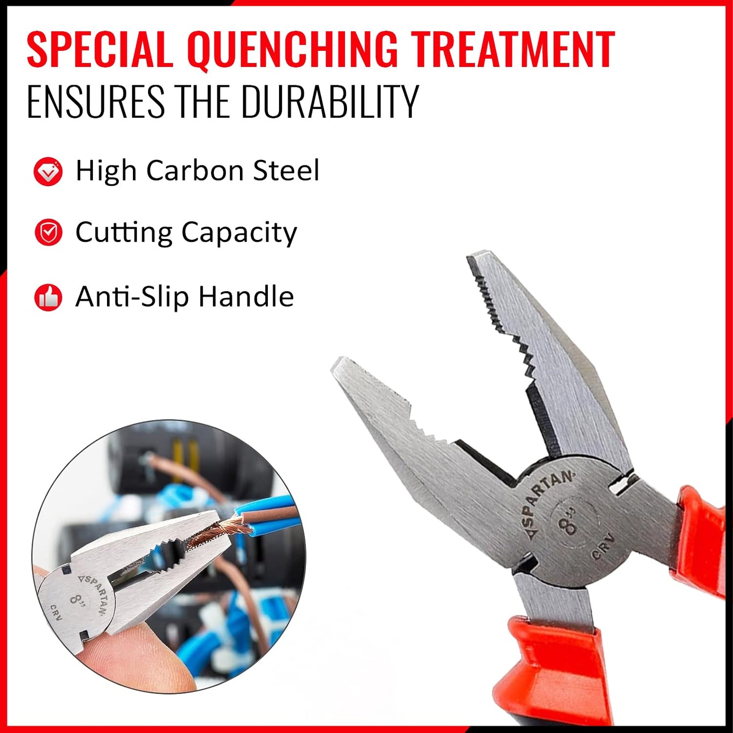 Spartan Combination Plier 8-inch for Home & Professional work Use as Electrical Work, Bending, Holding, Cutting & Pulling, etc | Heavy Duty Cutting Pliers (Red & Black)