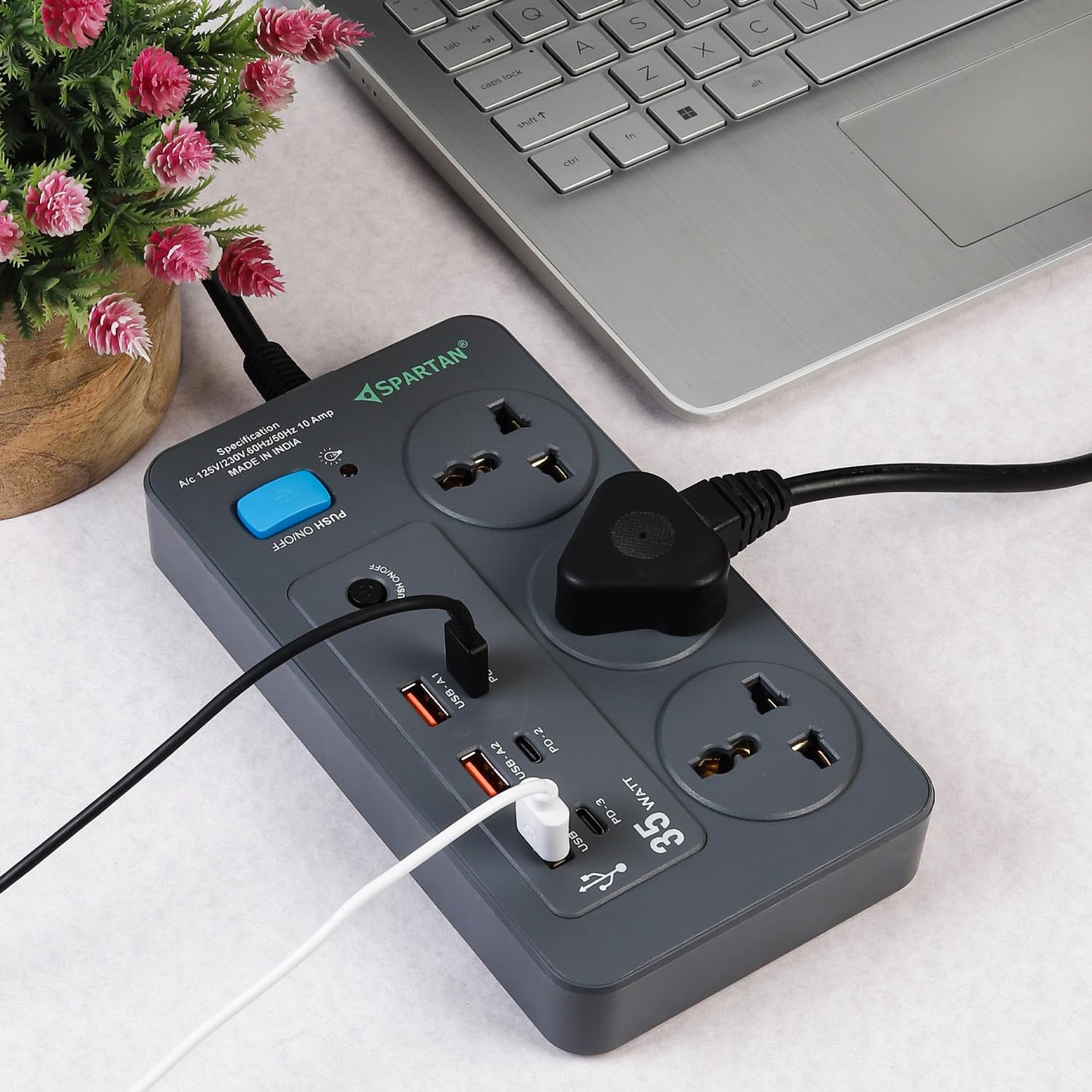 Spartan Extension Board 10A | 3 Sockets, 3 USB, 3 PD Charging