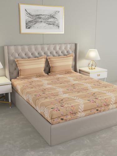 Raymond Home Celebrate Floral Printed Double Bedsheet with 2 Pillow Covers | Queen Sized, 120 TC, Cotton Rich (2.24 m X 2.54 m,Pack of 1, Brown -012347-BF03)