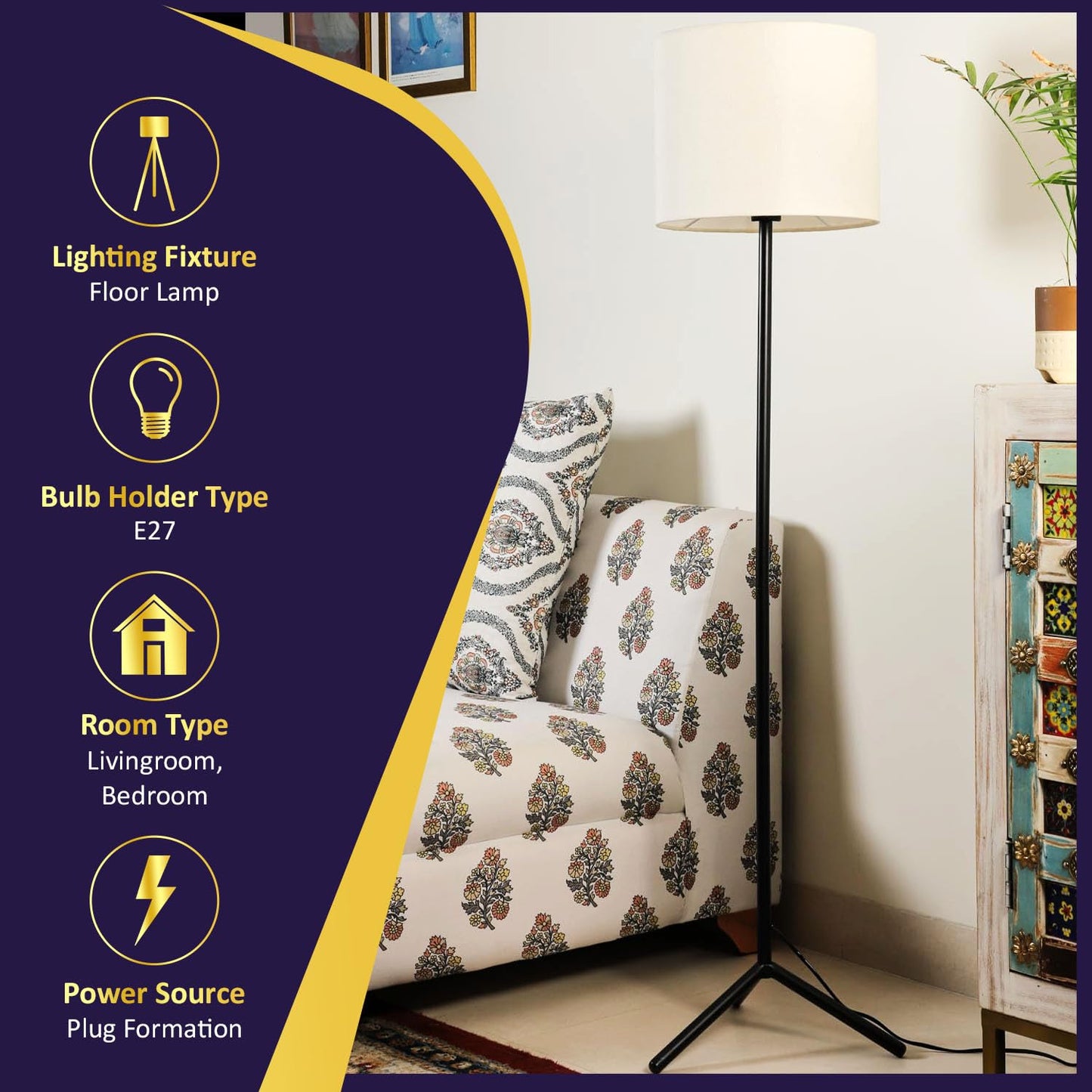 Lexton Black Tripod Floor Lamp with White Fabric Shade, DIY Eco Style