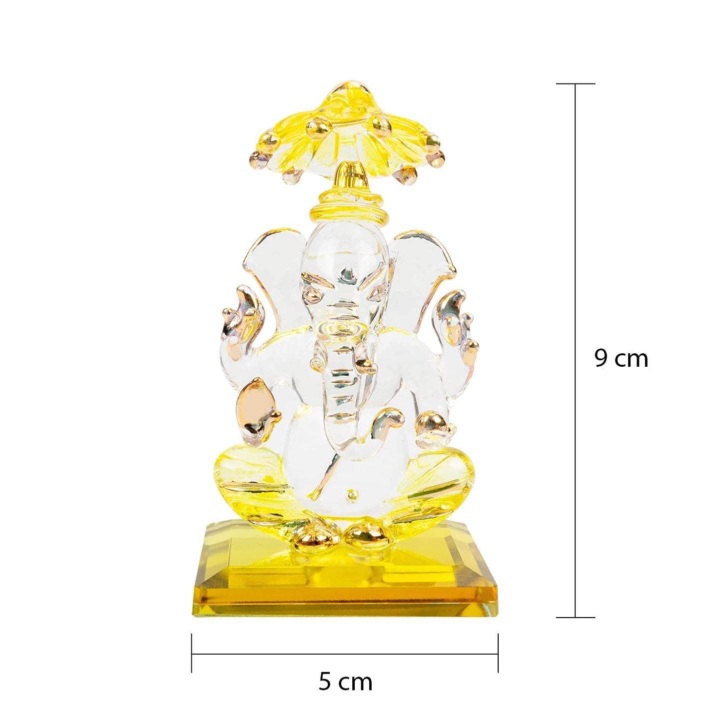 iCraft God Ganesh Sitting with Chakra Statue (Murti) Idol Showpiece Handmade of Crystal Glass by for Worship, Decoration, Car Dashboard, Gift (Yellow), Small