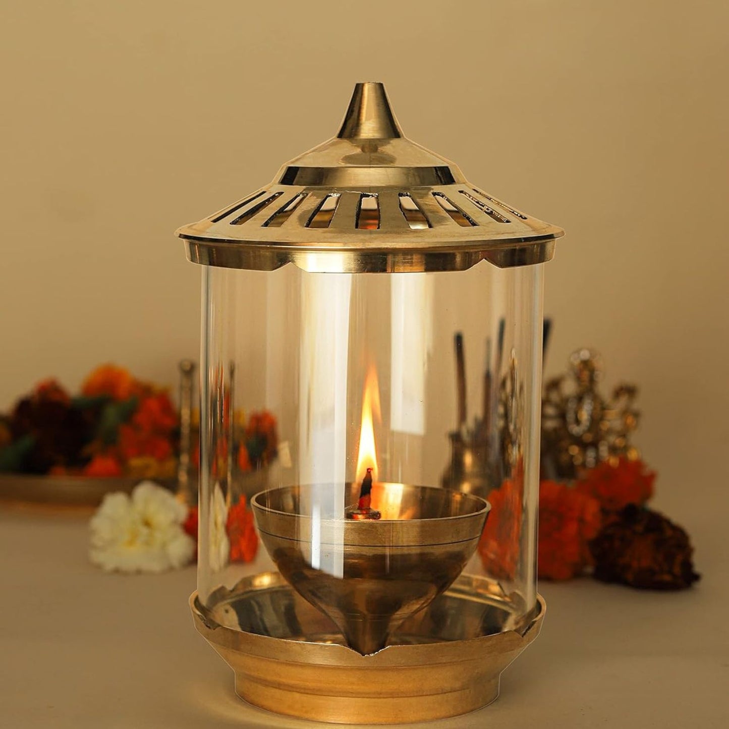 Klassic Kumbha Large Brass Akhand Diya with Glass Shade – 7 Inch
