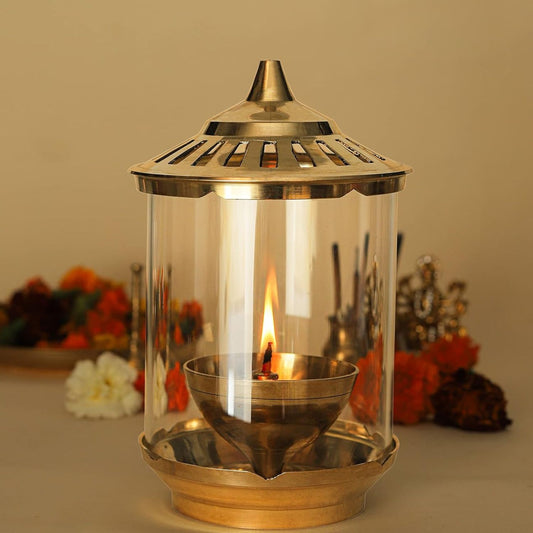 Klassic Kumbha Large Brass Akhand Diya with Glass Shade – 7 Inch