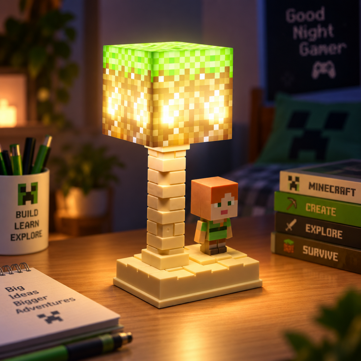 Lexton 7-Inch Minecraft Cartoon LED Table Lamp Assorted | Rechargeable Kids Night & Study Light Assorted