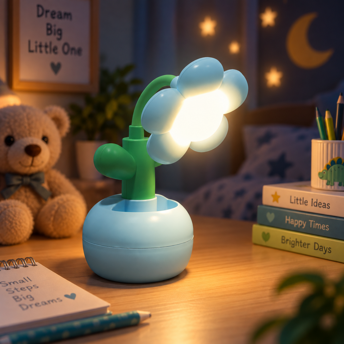 Lexton 9-Inch Flower LED Table Lamp with Pen Holder | Rechargeable Kids Study Light
