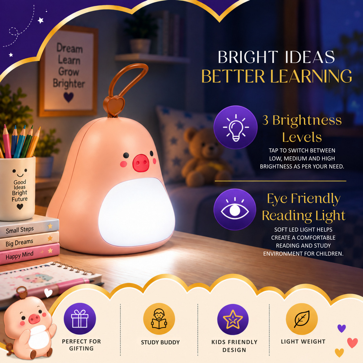 Lexton 6-Inch Warm Baby Light – Portable USB Rechargeable Kids Night Lamp with 3 Brightness Levels