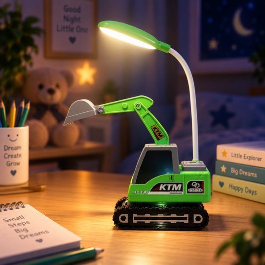 Lexton 12-Inch Excavator LED Desk Lamp | Rechargeable Kids Study Lamp with Phone Holder & Storage