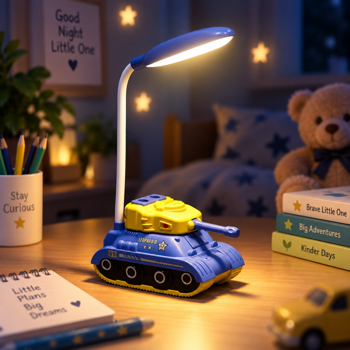Lexton 11.5-Inch Rechargeable Tank LED Table Lamp | 360° Rotatable Desk Lamp with Pen & Phone Holder