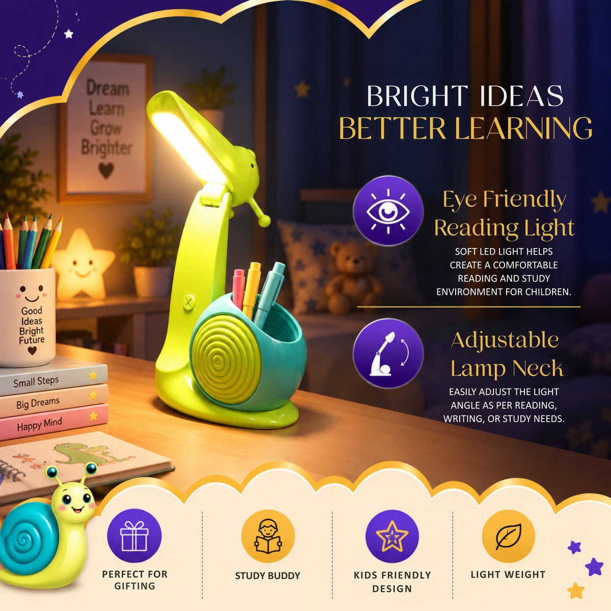 Lexton 8.5-Inch Snail Folding LED Table Lamp with Pen Holder | USB Rechargeable Kids Study Desk Lamp