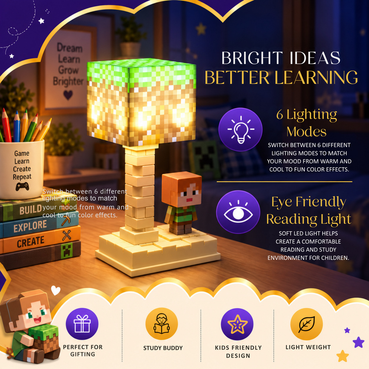 Lexton 7-Inch Minecraft Cartoon LED Table Lamp Assorted | Rechargeable Kids Night & Study Light Assorted