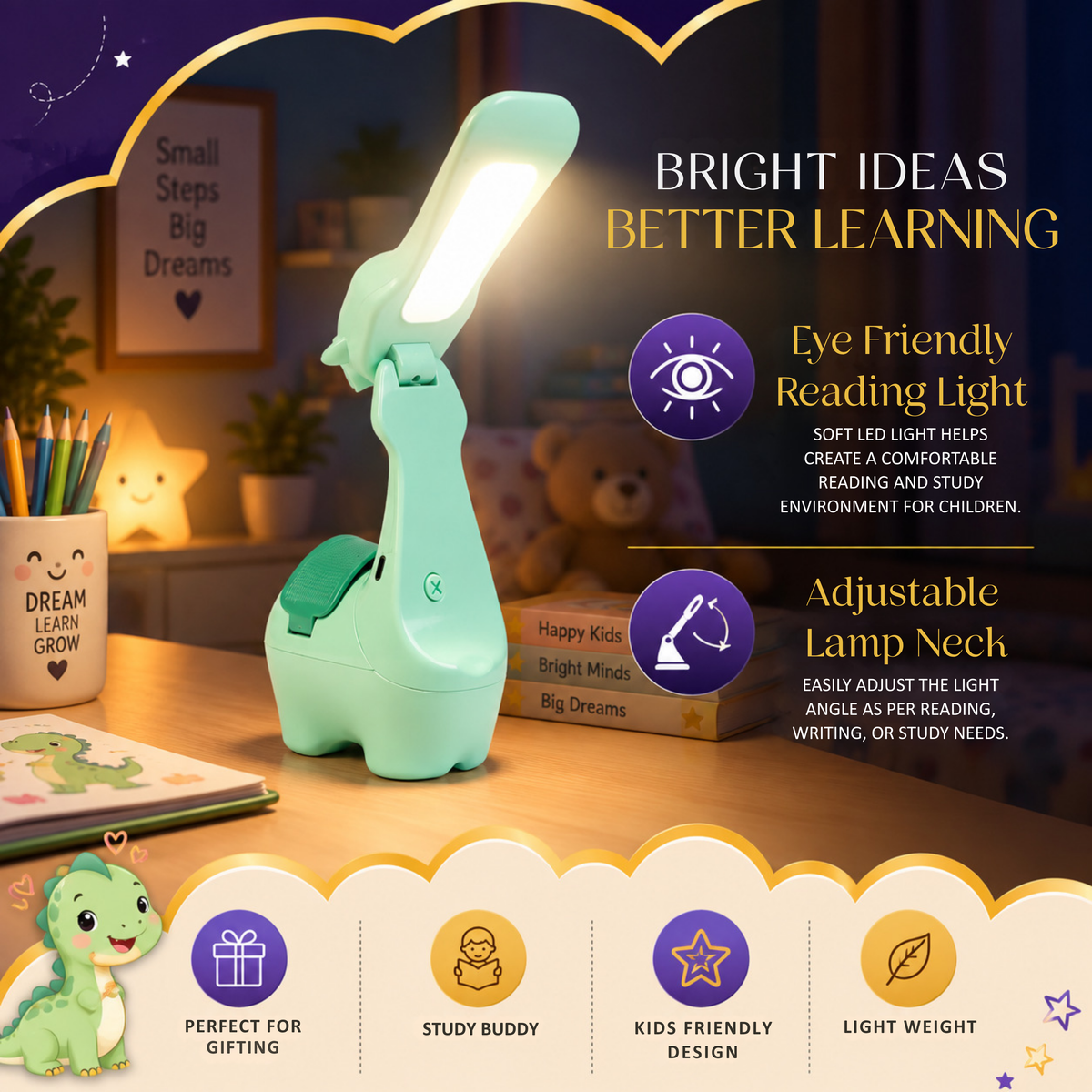 Lexton 10.5-Inch Alpaca Folding LED Table Lamp | Rechargeable Kids Study Lamp with Pen Holder