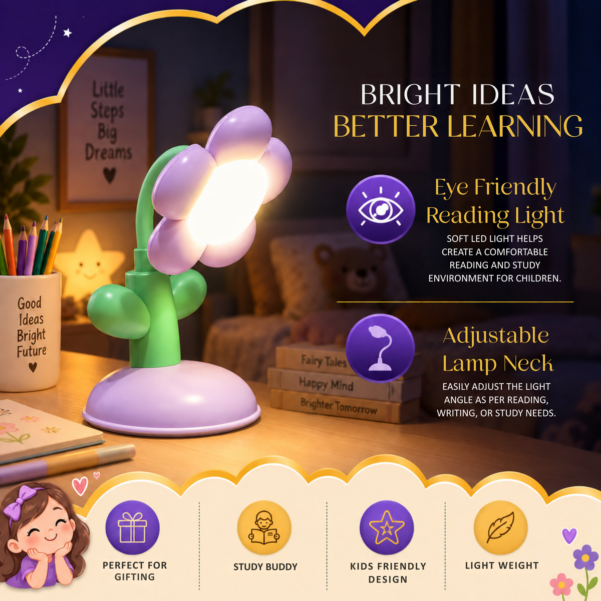 Lexton 7.5-Inch Flower LED Table Lamp | Rechargeable Kids Study & Reading Light with USB Charging