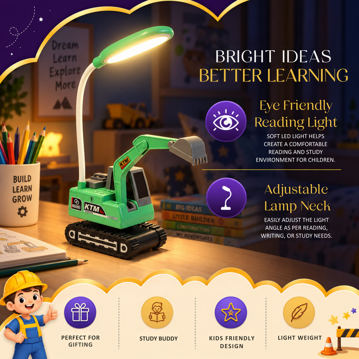 Lexton 12-Inch Excavator LED Desk Lamp | Rechargeable Kids Study Lamp with Phone Holder & Storage