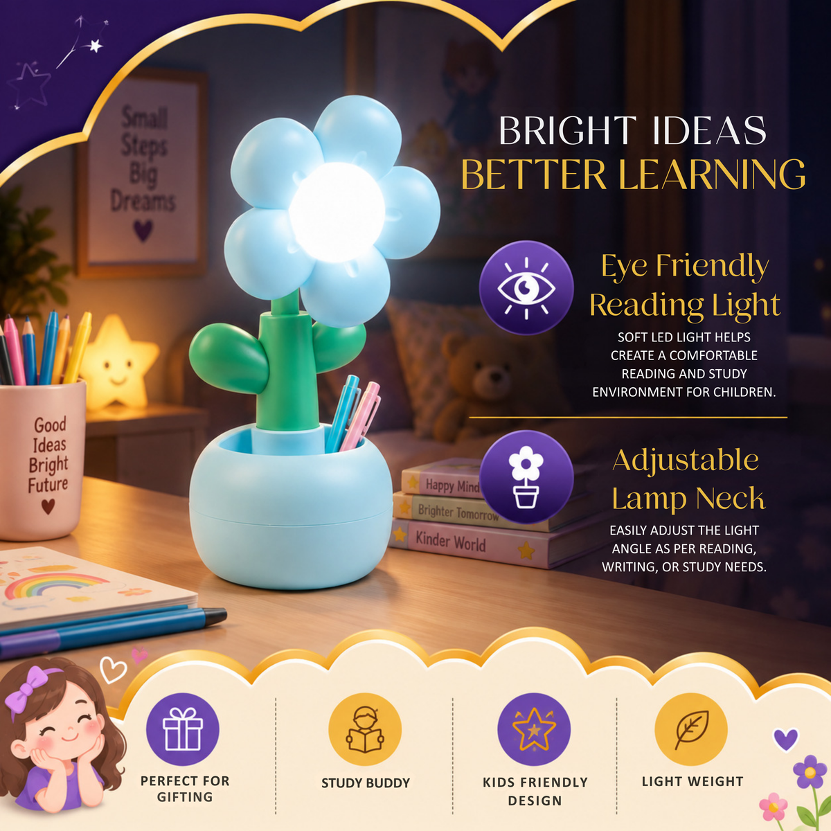 Lexton 9-Inch Flower LED Table Lamp with Pen Holder | Rechargeable Kids Study Light