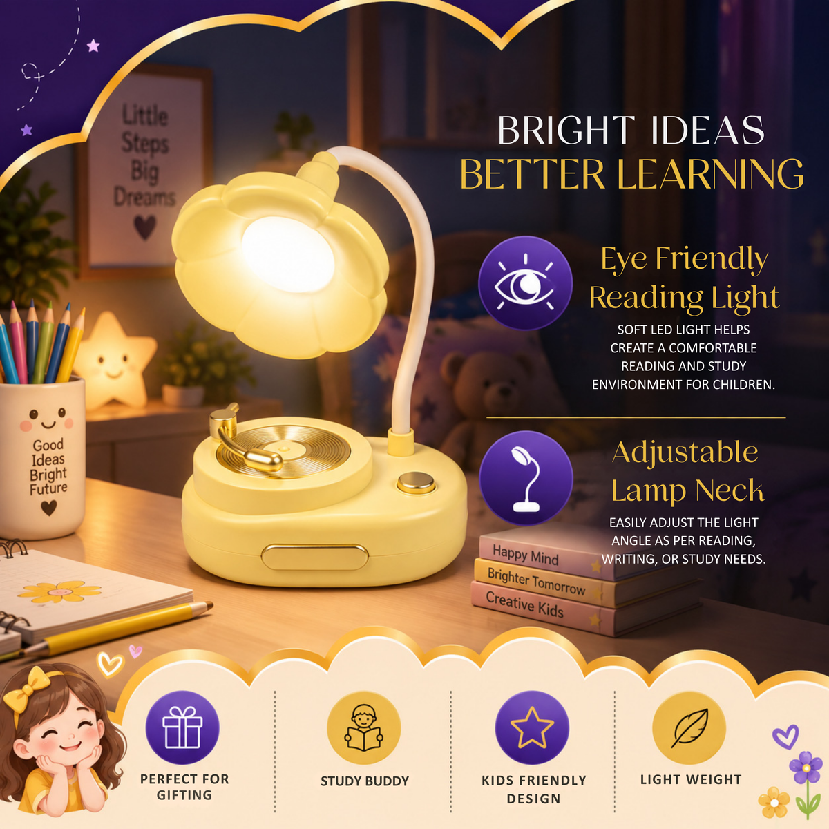 Lexton 11-Inch Phonograph LED Table Lamp | Vintage Gramophone Design & Soft Eye-Care Light