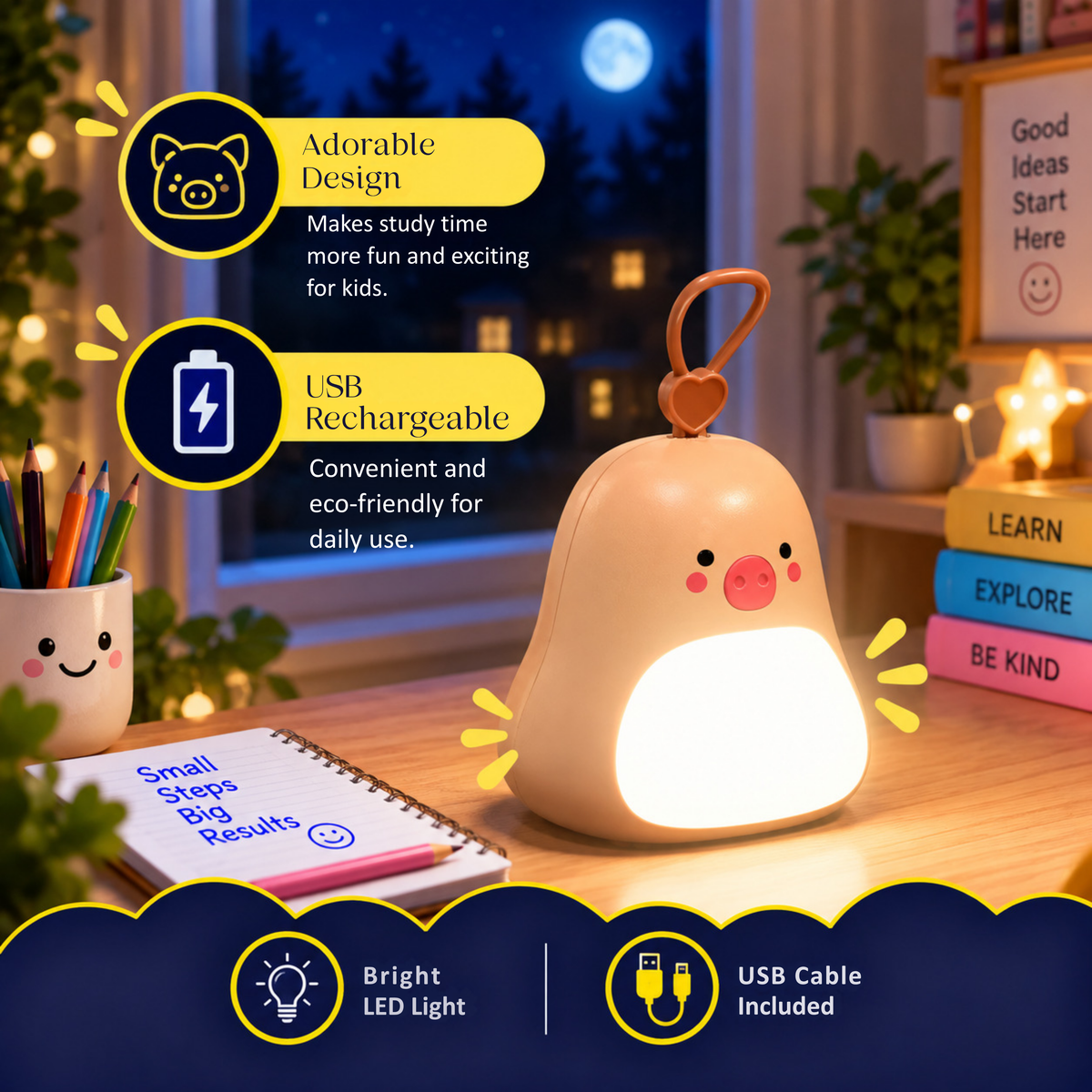 Lexton 6-Inch Warm Baby Light – Portable USB Rechargeable Kids Night Lamp with 3 Brightness Levels