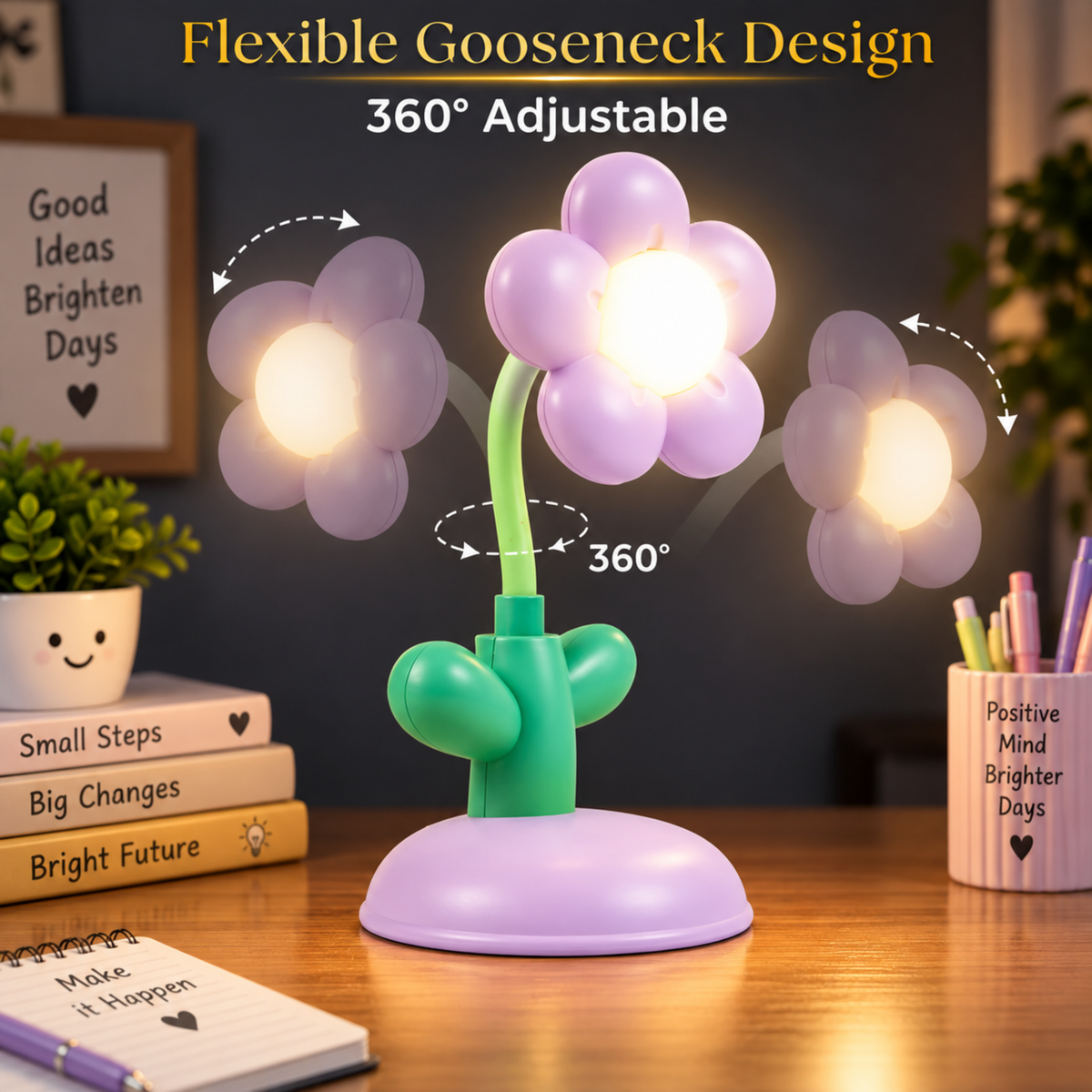 Lexton 7.5-Inch Flower LED Table Lamp | Rechargeable Kids Study & Reading Light with USB Charging