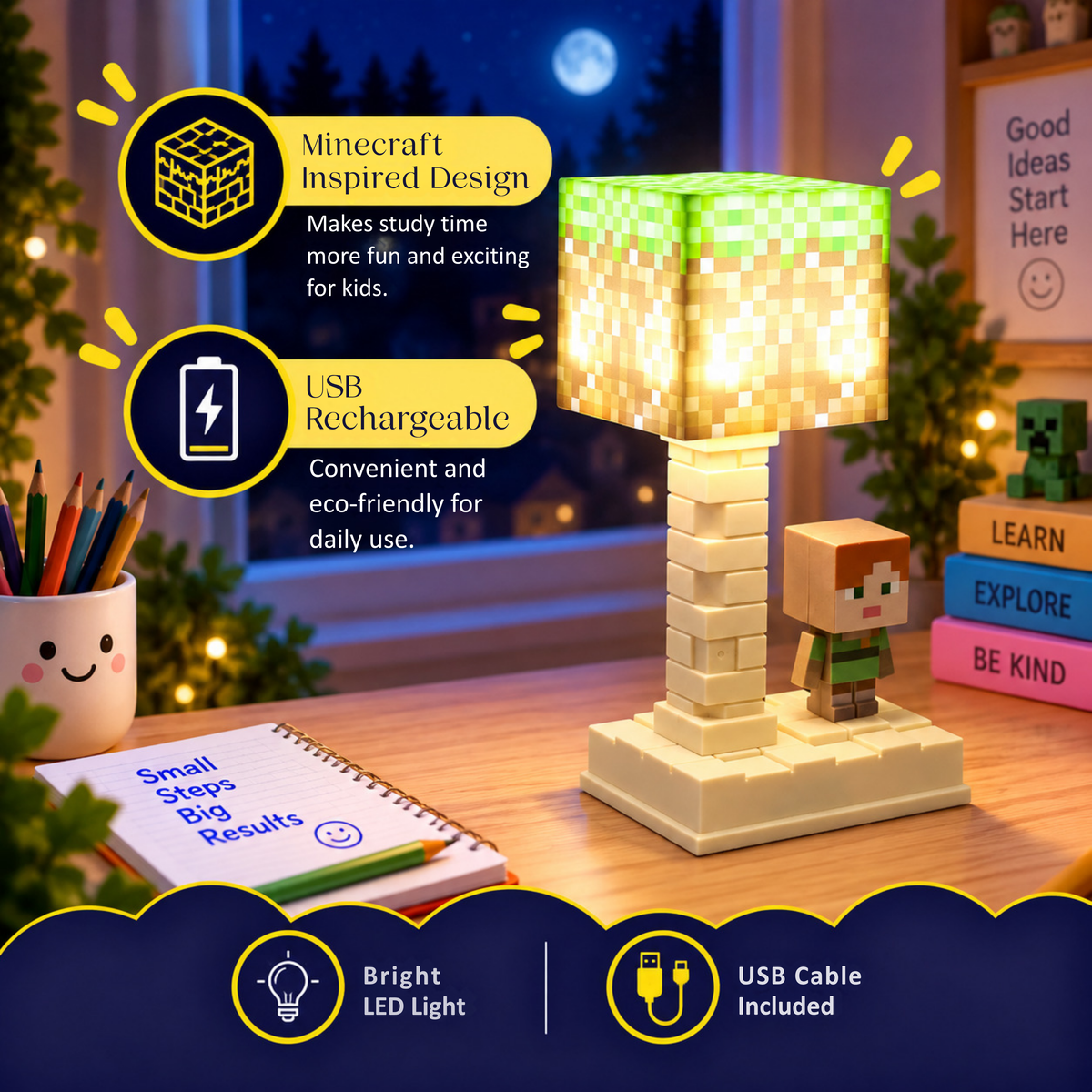 Lexton 7-Inch Minecraft Cartoon LED Table Lamp Assorted | Rechargeable Kids Night & Study Light Assorted