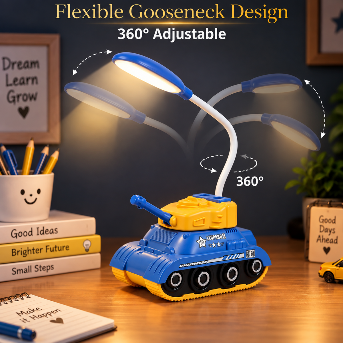 Lexton 11.5-Inch Rechargeable Tank LED Table Lamp | 360° Rotatable Desk Lamp with Pen & Phone Holder