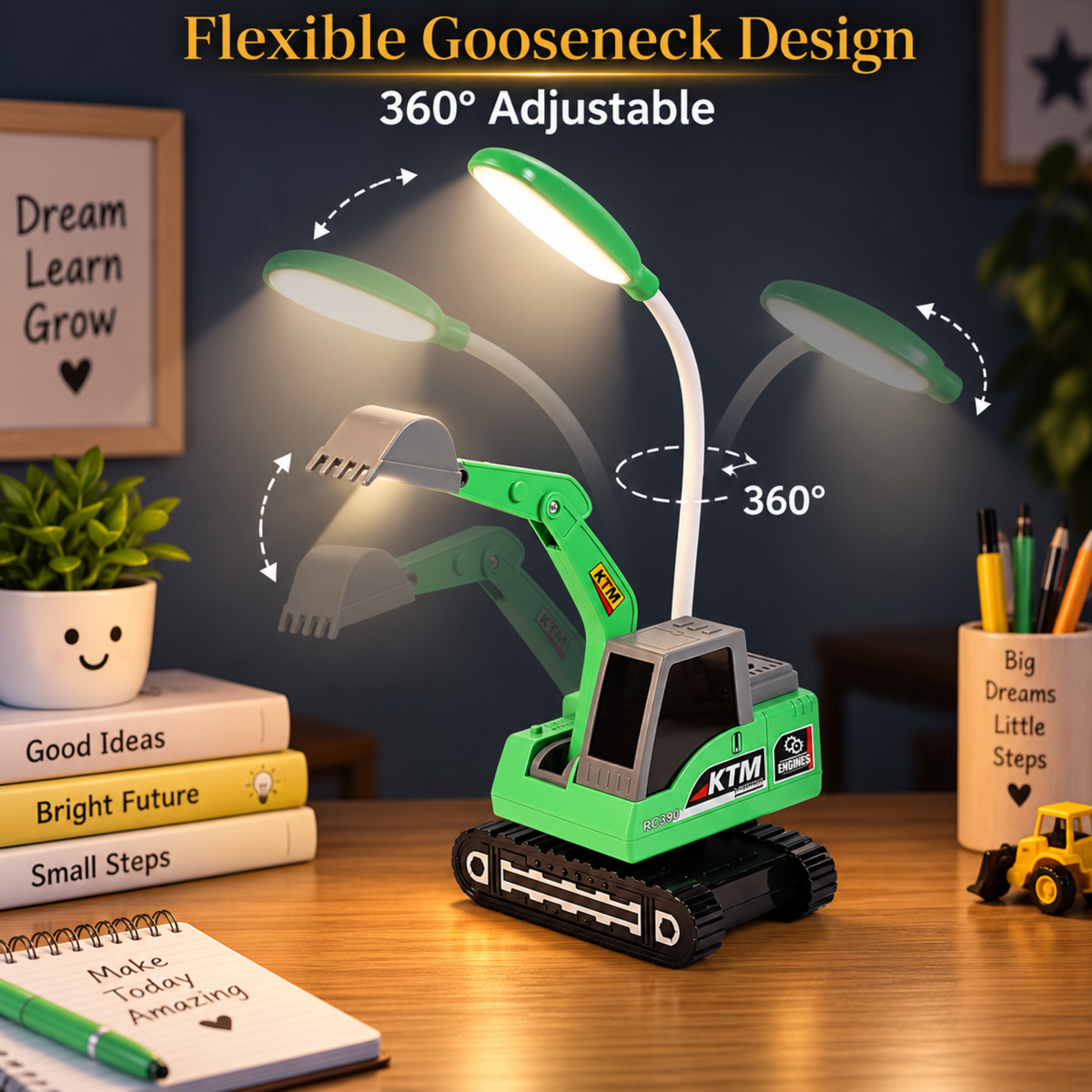 Lexton 12-Inch Excavator LED Desk Lamp | Rechargeable Kids Study Lamp with Phone Holder & Storage