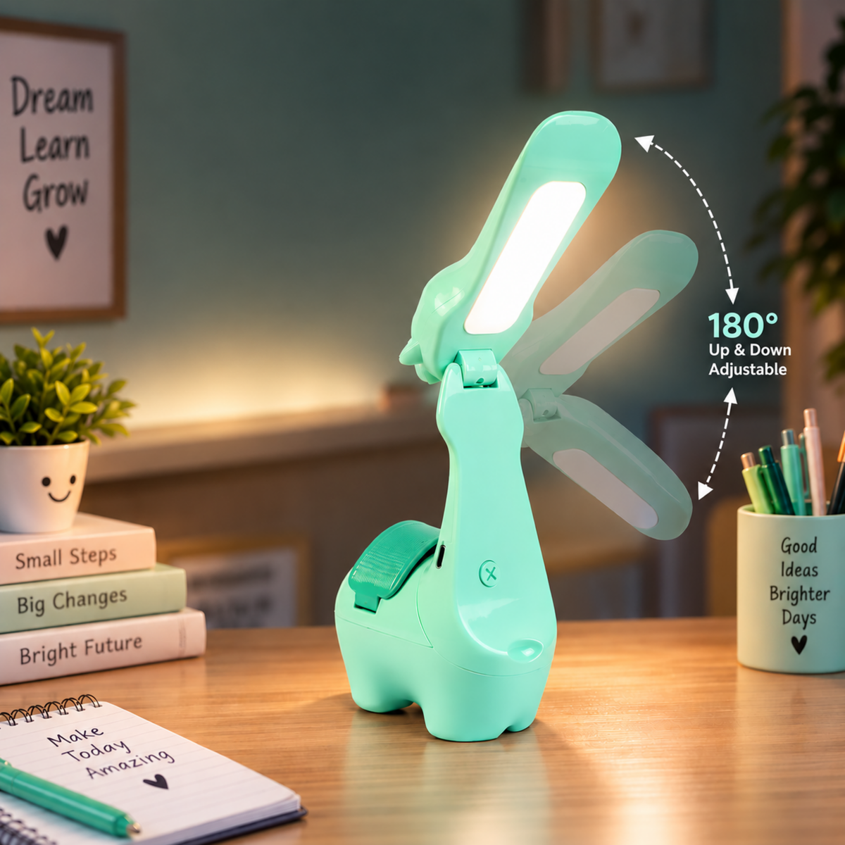 Lexton 10.5-Inch Alpaca Folding LED Table Lamp | Rechargeable Kids Study Lamp with Pen Holder