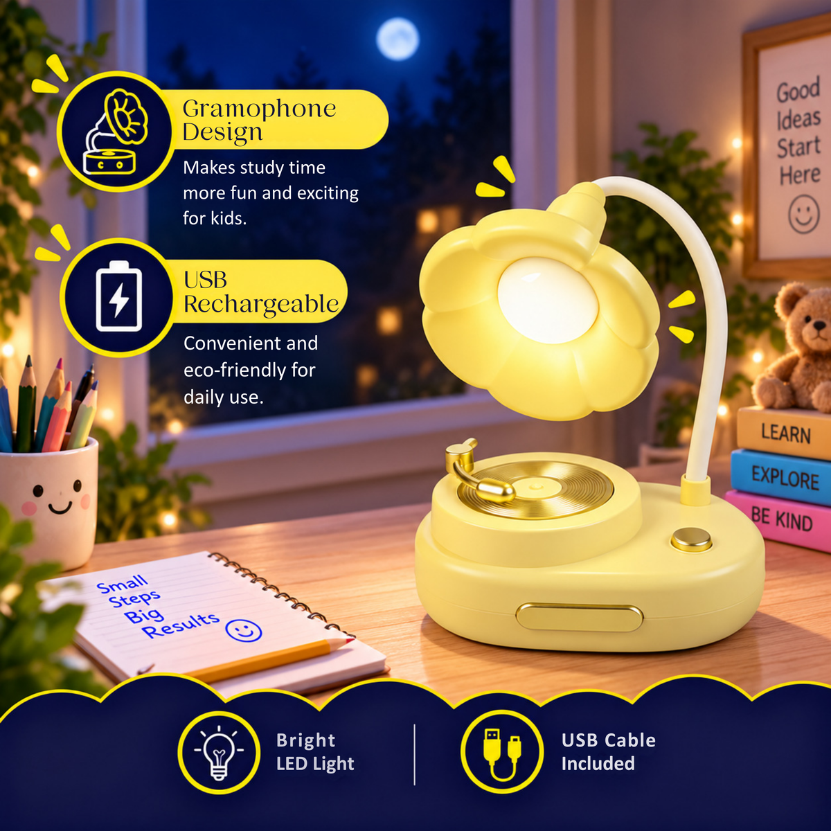 Lexton 11-Inch Phonograph LED Table Lamp | Vintage Gramophone Design & Soft Eye-Care Light