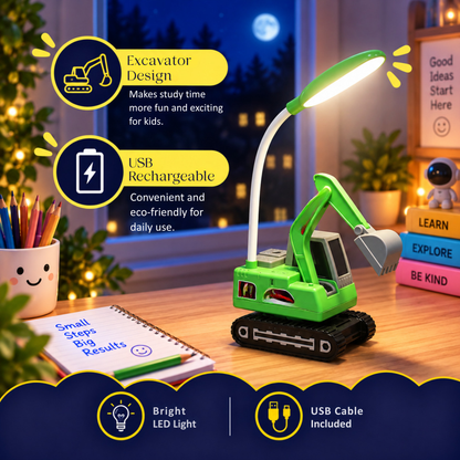 Lexton 12-Inch Excavator LED Desk Lamp | Rechargeable Kids Study Lamp with Phone Holder & Storage