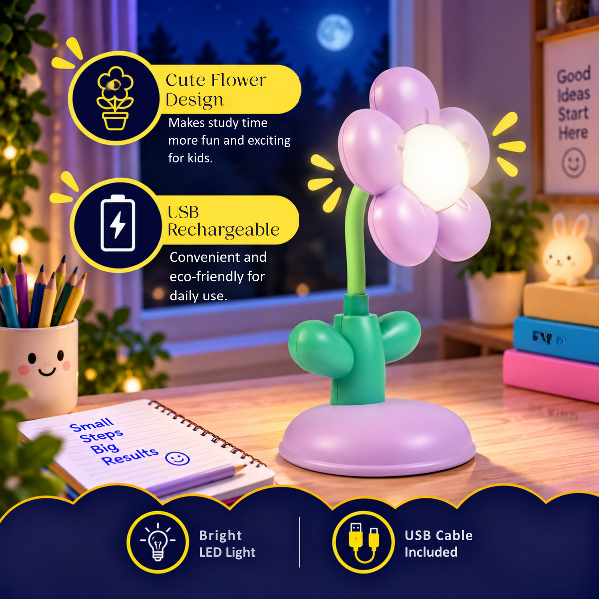Lexton 7.5-Inch Flower LED Table Lamp | Rechargeable Kids Study & Reading Light with USB Charging