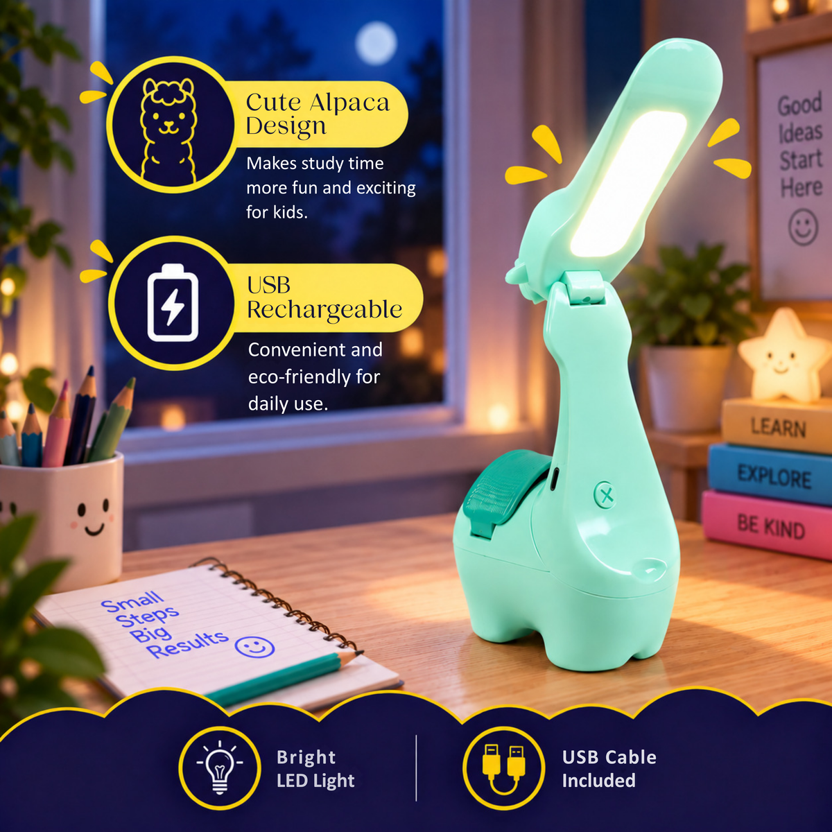 Lexton 10.5-Inch Alpaca Folding LED Table Lamp | Rechargeable Kids Study Lamp with Pen Holder
