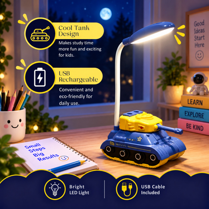 Lexton 11.5-Inch Rechargeable Tank LED Table Lamp | 360° Rotatable Desk Lamp with Pen & Phone Holder