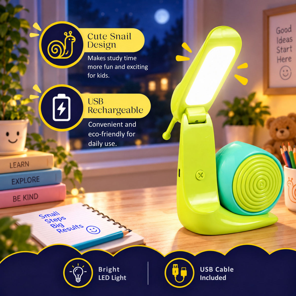 Lexton 8.5-Inch Snail Folding LED Table Lamp with Pen Holder | USB Rechargeable Kids Study Desk Lamp
